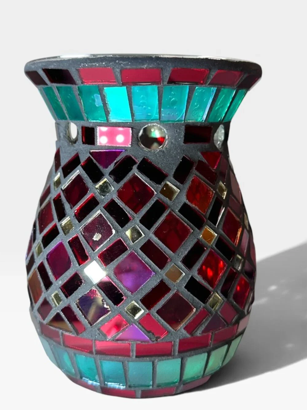Pier 1 Mosaic Glass Tealight Candle Holder & Wax Warmer Red & Green Accents 4